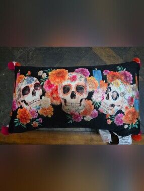 Decorative Day of the Dead Skull Wall Art Pillow - Black with Floral Accents